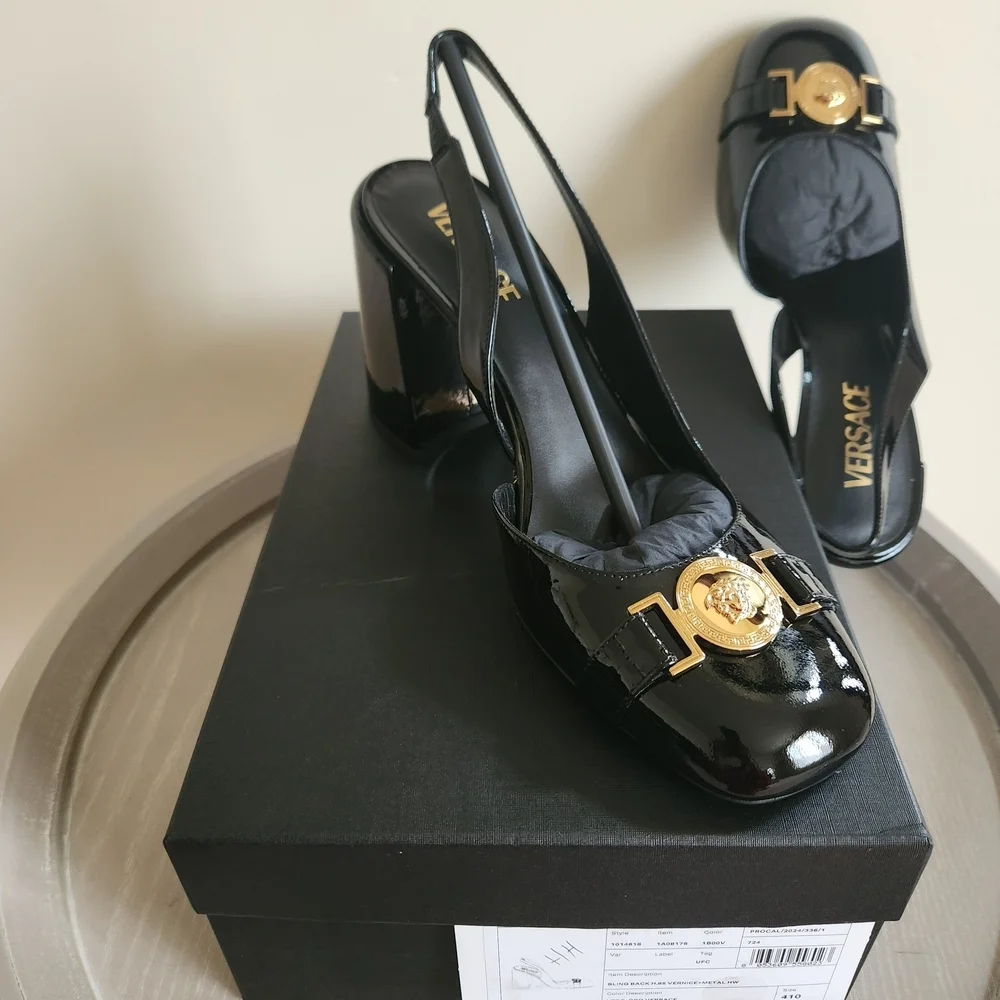 NIB Versace Glossy Black Heels with Gold Medallion